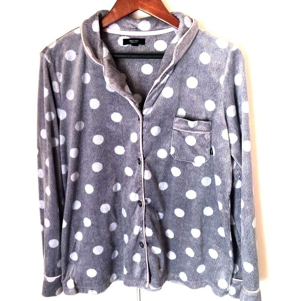 Simply Vera Vera Wang Pajama Top Gray Pink Polka Dot Collared Womens Sleepwear L